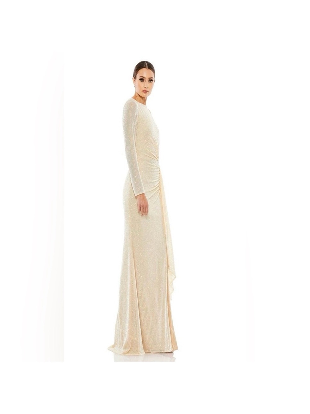Mac Duggal Cream Long Sleeve Sequin Evening Gown with Side Slit - Picture 3 of 5